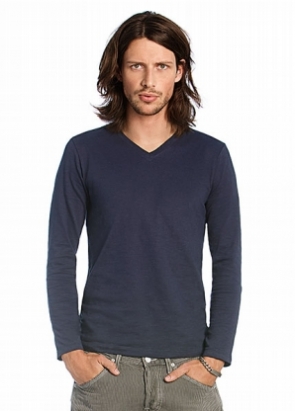 Men V-Neck Slub LS